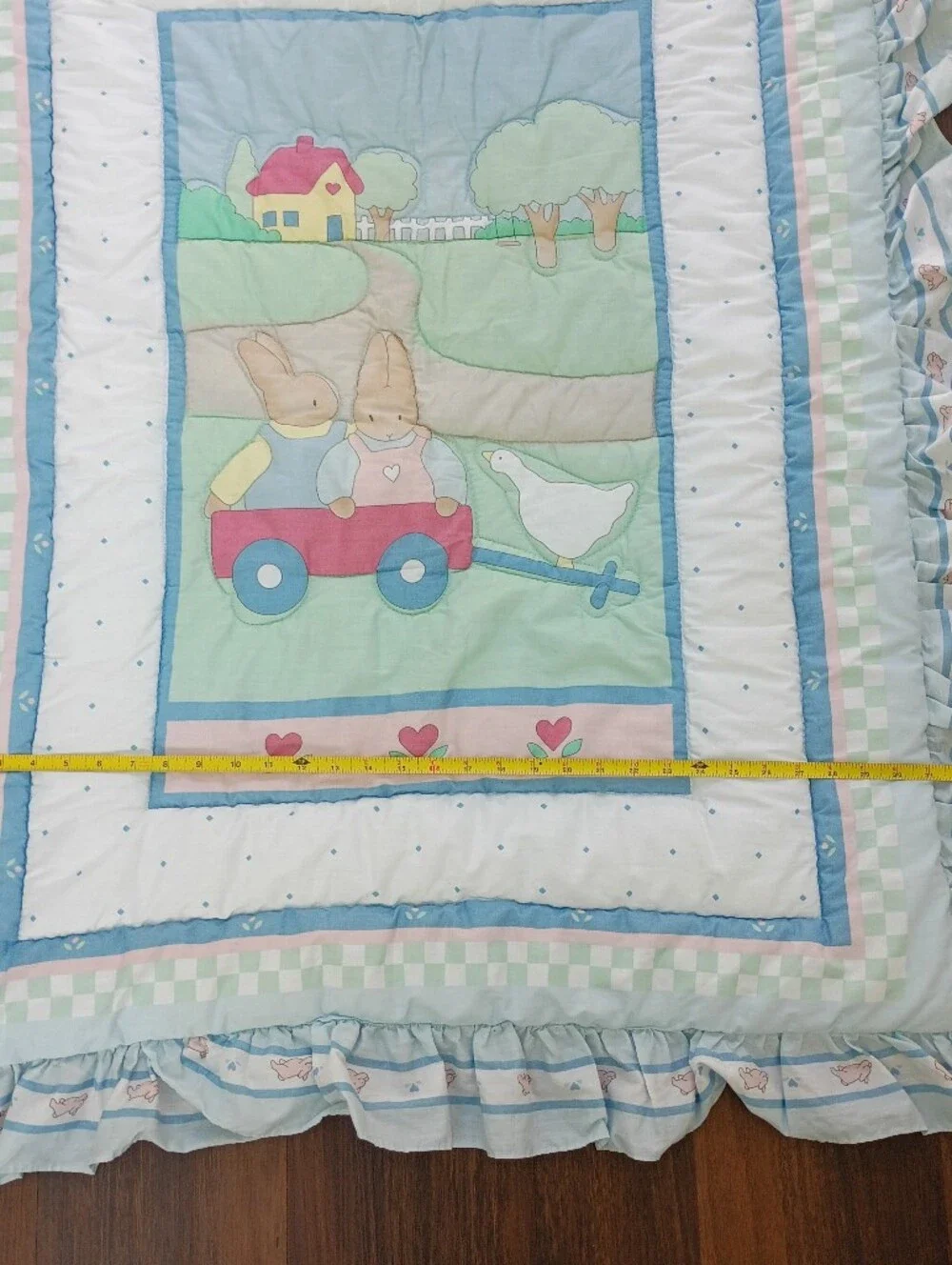 Vtg Red Calliope Quilt Baby Blanket Bunnies Hearts Made In USA 37